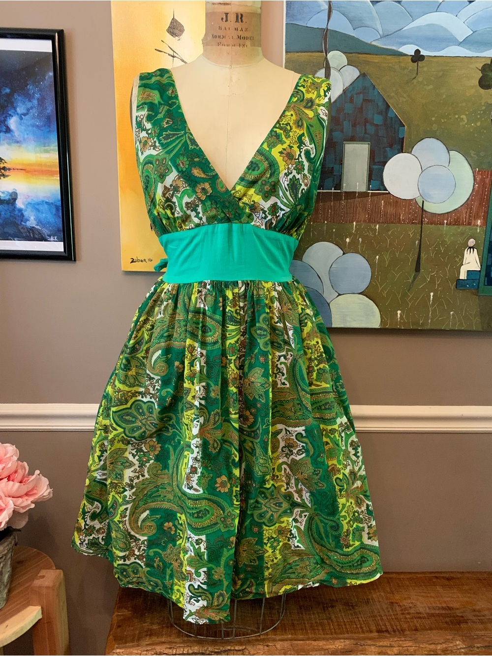 Green Paisley V-Neck Fit & Flare Dress Medium Blue Plate Couture